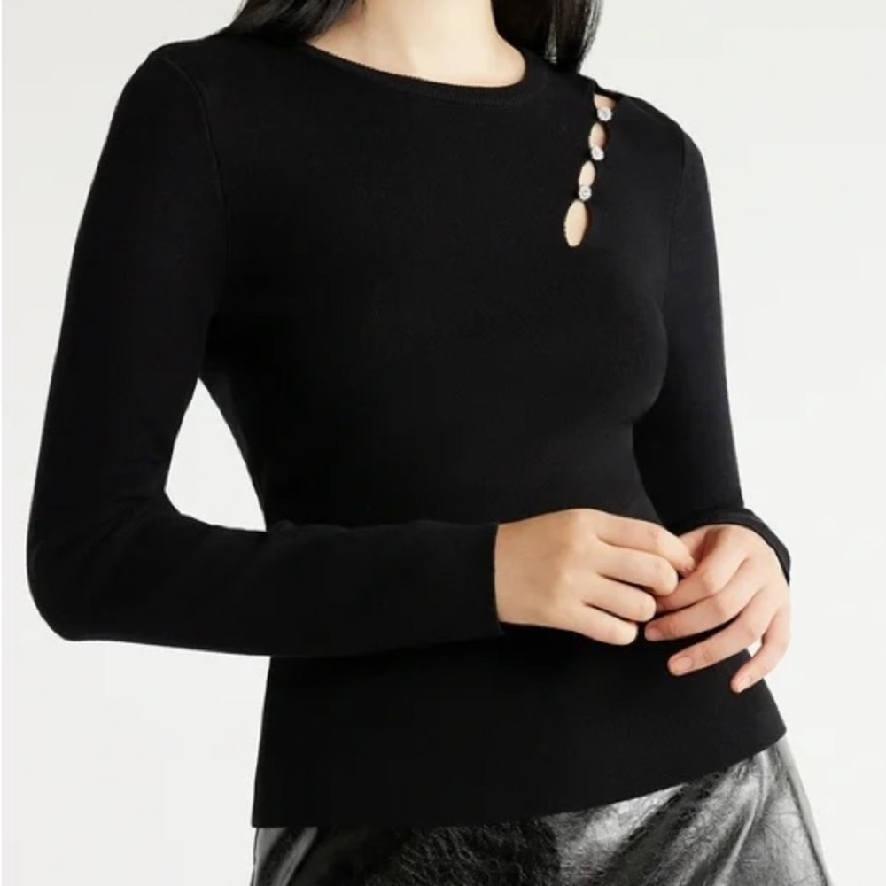 Black sweater with rhinestone on shoulder
